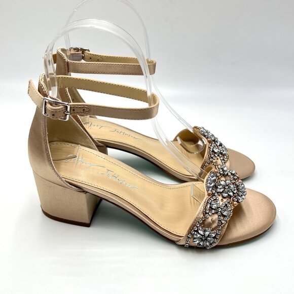 Betsey Johnson Size 5.5 Mel Champagne Satin Low Block Heels Dress Sandals‎ Shoes - Picture 1 of 16